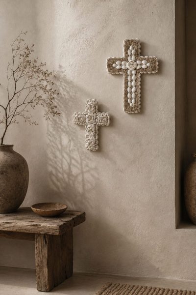 croix en coquillages murale