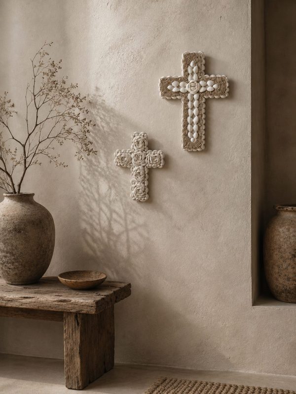 croix en coquillages murale