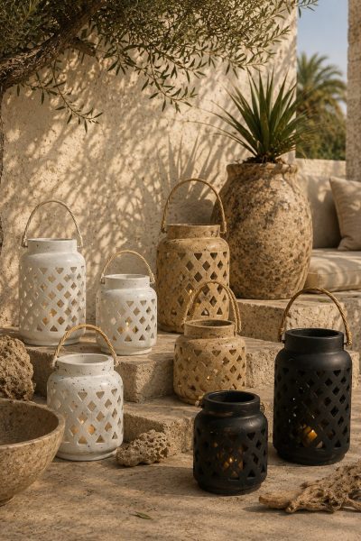photophores en terre cuite balinais blanc beige et noir