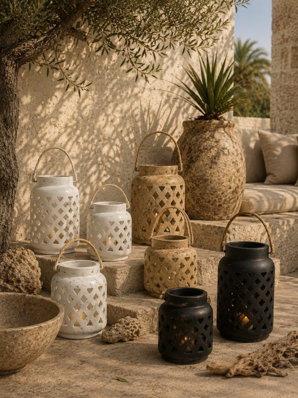 photophores en terre cuite balinais blanc beige et noir